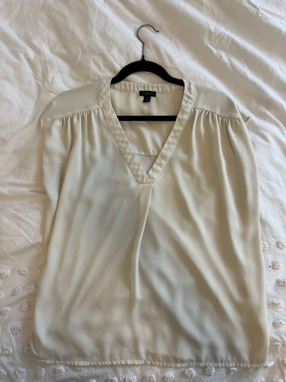 Ann Taylor Factory Cream V-Neck Gathered Shoulder Blouse